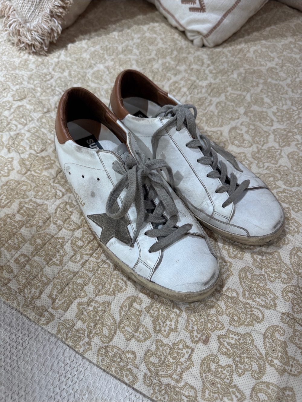 Golden Goose Women’s White Leather Sneakers with Brown Heel and Gray Star